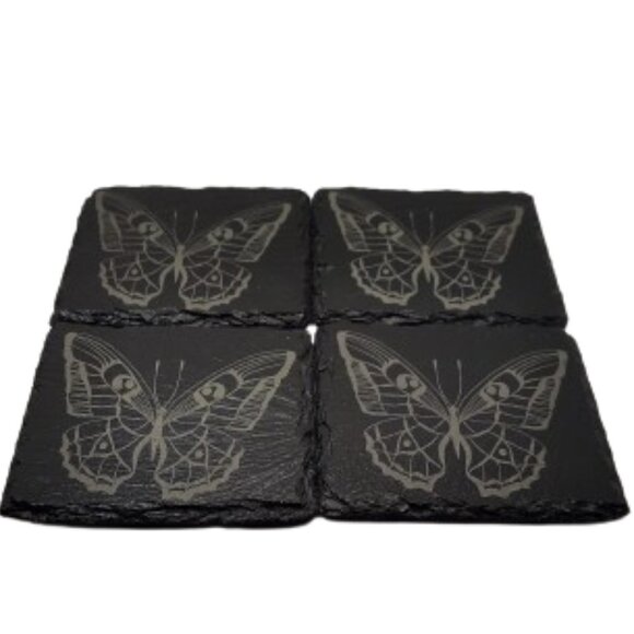 4 Inch Black Coasters Stone Coaster Set, Laser Engraving "Butterfly" Set of 4 - Picture 2 of 10